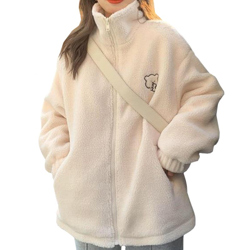 Winter Brief Rosa Zippercoat Lammwolle warm halten mittellanges Damen Sweatshirt Stickerei süßer Keks Bär Mode Dame Pullover