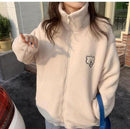 Winter Letter Pink Zippercoat Lamb Wool Keep Warm Mid-length Women Sweatshirt Embroidery Cute Biscuit Bear Fashion Lady Pullover