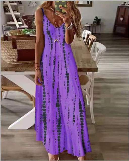 2021 New High Street Tie Dye Kleid Sexy Spaghettibügel V-Ausschnitt Lange Kleider Frauen Sommer Strandkleider Party Tunika Plus Größe 5XL