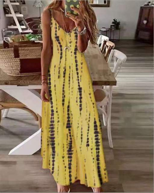 2021 New High Street Tie Dye Kleid Sexy Spaghettibügel V-Ausschnitt Lange Kleider Frauen Sommer Strandkleider Party Tunika Plus Größe 5XL