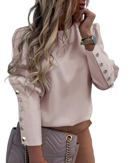 Mode Frauen Metallknopf Langarmshirts Damen Casual Oansatz Solid Print Blusen Plus Größe XXXL Herbst Europäische Kleidung