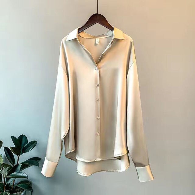 Herbst Mode Button Up Satin Seide Hemd Vintage Bluse Frauen Weiße Dame Lange Ärmel Weibliche Lose Streetwear Shirts 1214