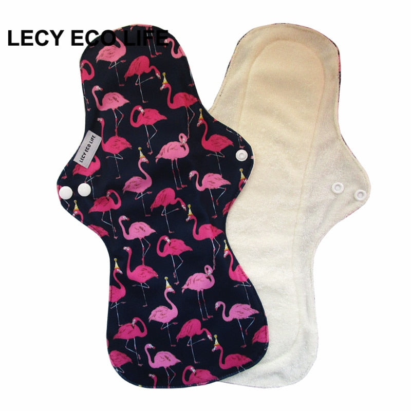 Lecy Eco Life wiederverwendbare Menstruationseinlagen für starken Blutfluss 1 Stück 13" Flamingo bedruckte Nachteinlagen, große atmungsaktive Damen-Stoffeinlagen