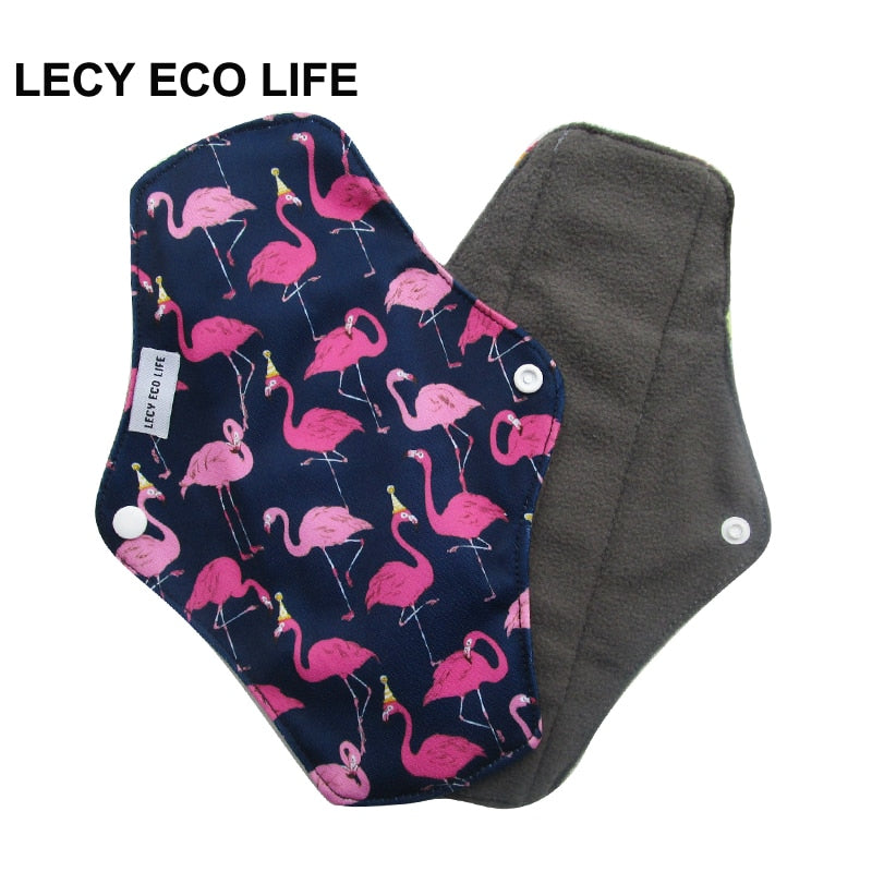 [LECY ECO LIFE] Menstruationseinlagen aus Bambuskohle-Fleece für Frauen mit Flamingo-Aufdruck, wiederverwendbare wasserdichte Mumieneinlagen für Frauen