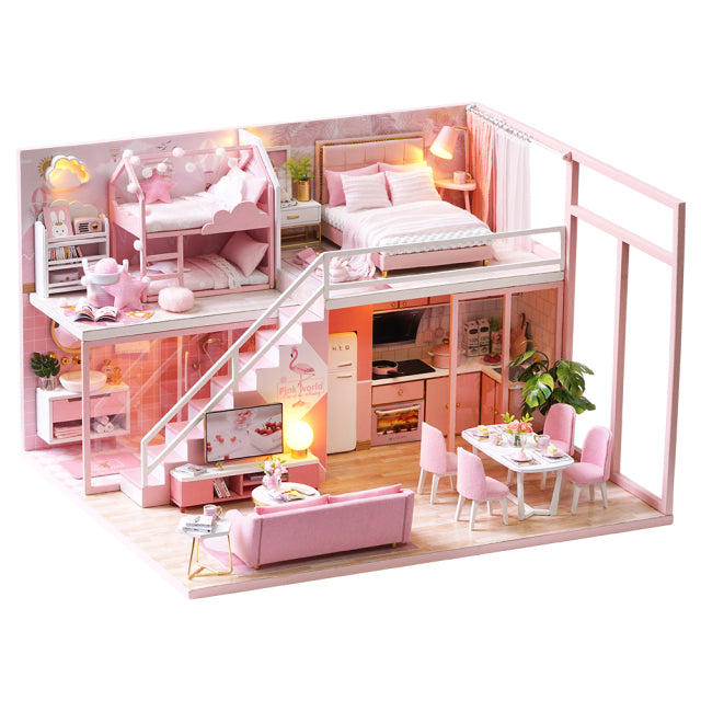 Bauen Sie DIY-Holzhaus-Puppenhaus-Bausatz aus Holz Miniatur-Puppenhäuser Miniatur-Puppenhaus-Spielzeug mit Möbel-LED-Leuchten-Geschenk zusammen