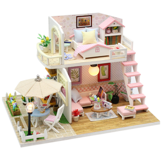 Ensamblar DIY casa de madera casa de muñecas kit casas de muñecas en miniatura de madera casa de muñecas en miniatura juguetes con muebles luces LED regalo