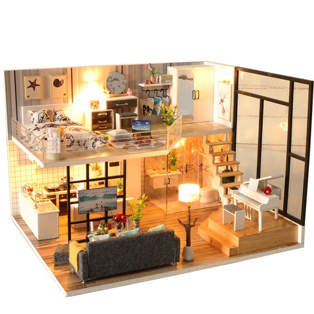 Bauen Sie DIY-Holzhaus-Puppenhaus-Bausatz aus Holz Miniatur-Puppenhäuser Miniatur-Puppenhaus-Spielzeug mit Möbel-LED-Leuchten-Geschenk zusammen