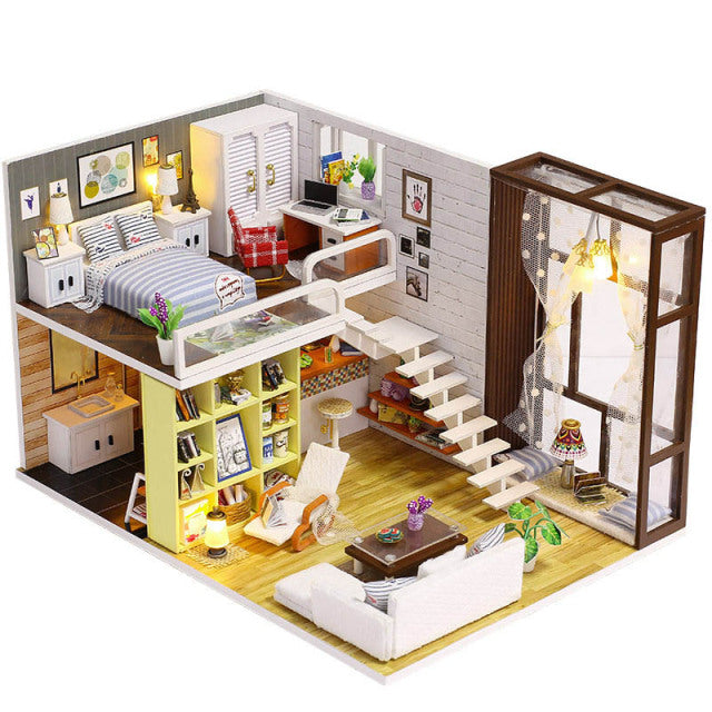 Ensamblar DIY casa de madera casa de muñecas kit casas de muñecas en miniatura de madera casa de muñecas en miniatura juguetes con muebles luces LED regalo
