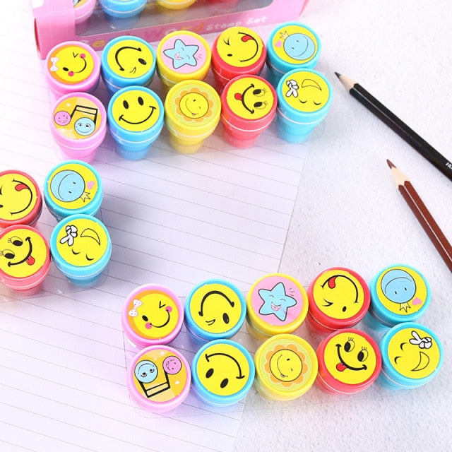 10pcs Assorted Stamps for Kids Self-ink Stamps Children Toy Stamps Smiley Face Seal Scrapbooking DIY Painting Photo Album Decor