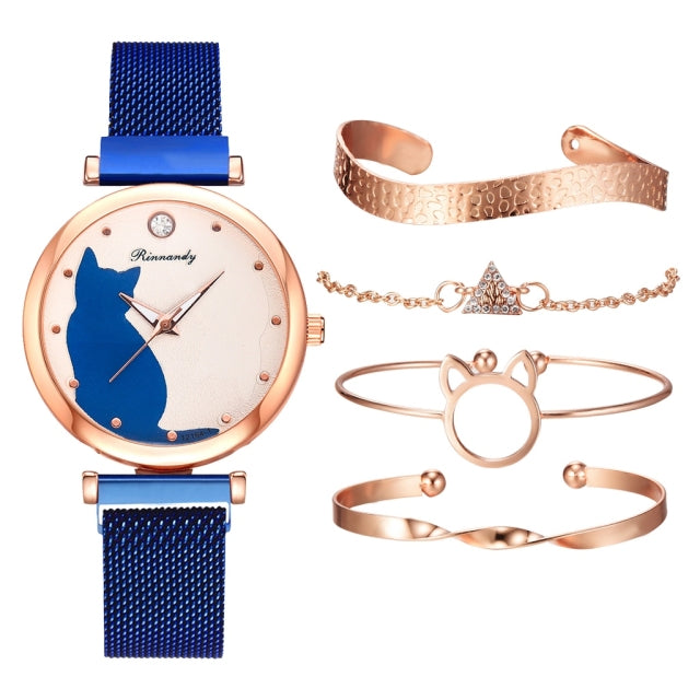 Fashion Watch Set Frauen 5pcs Quarz Armbanduhr Mesh Armband Katze Zifferblatt Luxus Frau Uhr Casual Damen Uhr Relogio Femenino