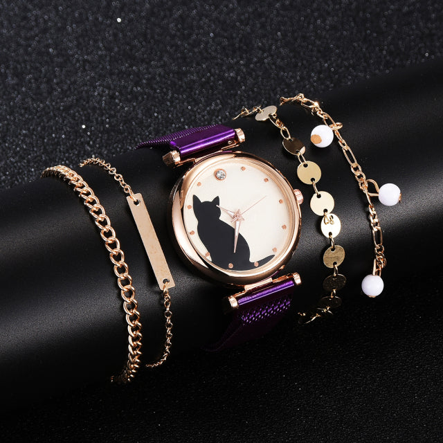 Fashion Watch Set Frauen 5pcs Quarz Armbanduhr Mesh Armband Katze Zifferblatt Luxus Frau Uhr Casual Damen Uhr Relogio Femenino