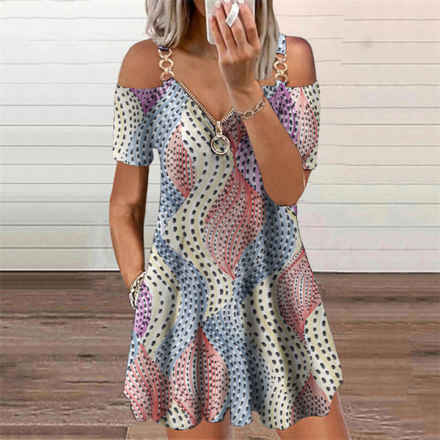 Schmetterlinge 3D-Druck Elegantes Modekleid Damenbekleidung 2021 Sommer Reißverschluss V-Ausschnitt Schulterfrei Lässige Minikleider Übergroß