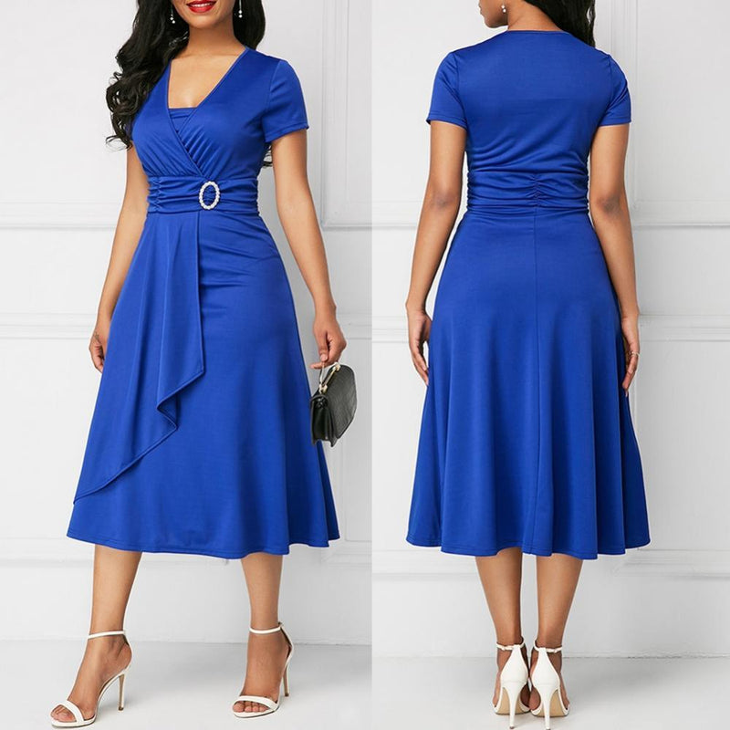 Plus Size Elegant Women Solid Color Short Sleeve V Neck Asymmetric Hem Waist Tight Midi Party Dress Ladies Evening Vestidos