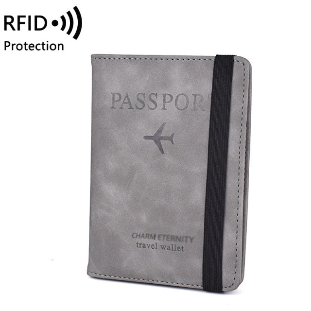 Funda de cuero con banda elástica para pasaporte, bloqueo RFID para tarjetas, porta pasaporte de viaje, BILLETERA, organizador de documentos, funda para hombre y mujer
