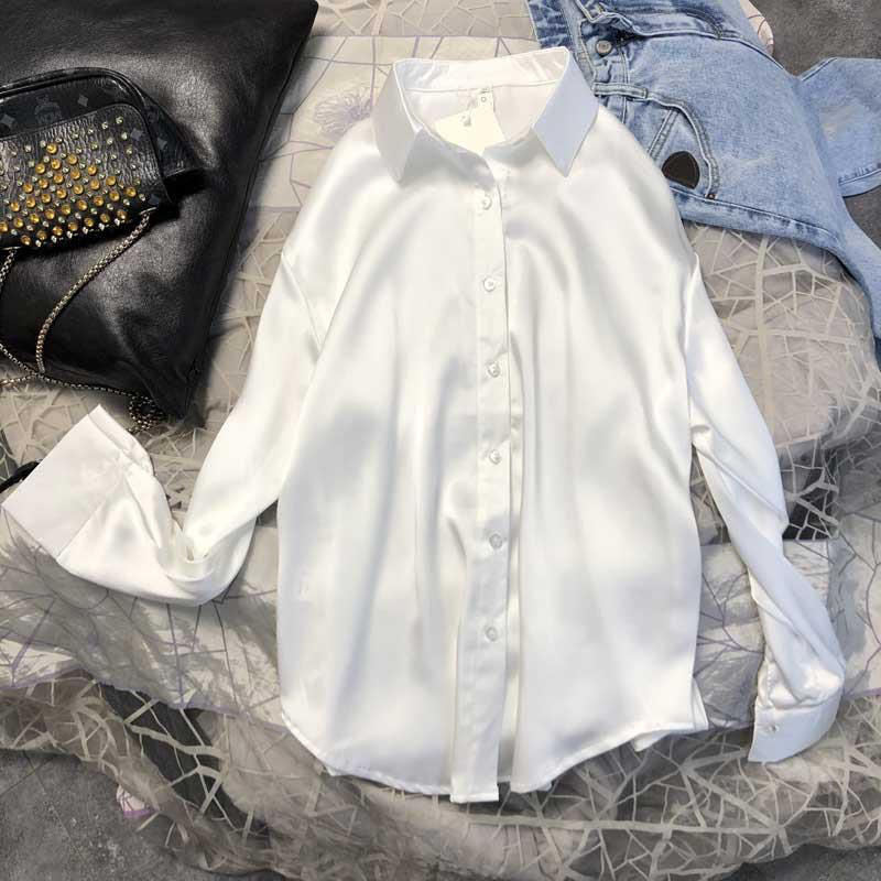 Frühling Herbst Mode Button Up Satin Seide Hemd Vintage Bluse Frauen Weiß Damen Tops Lange Ärmel Weibliche Lose Straßenhemden
