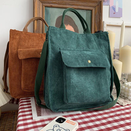 Cord Umhängetasche Damen Vintage Einkaufstaschen Reißverschluss Mädchen Student Bookbag Handtaschen Casual Tote mit Außentasche
