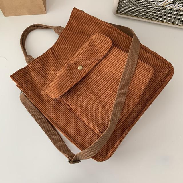 Cord Umhängetasche Damen Vintage Einkaufstaschen Reißverschluss Mädchen Student Bookbag Handtaschen Casual Tote mit Außentasche