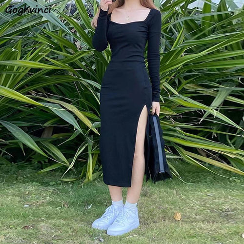Damen Langarm Kleid Halbwadenlang Quadratischer Kragen Schwarz Mantel Retro Schlank Sexy Vintage Seitenschlitz Dehnbar Allgleiches Einfach