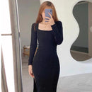 Women Long Sleeve Dress Mid-calf Length Square Collar Black Sheath Retro Slim Sexy Vintage Side Slit Stretchy All-match Simple
