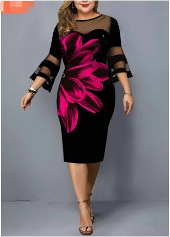 Plus Size Dress Women Evening Party 2021 Midi Elegant Mesh Lace Print Floral Casual Black Vintage Knitted Clothing 4xl 5xl 6xl