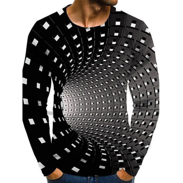 2021 Herren-T-Shirt mit optischer Täuschung, Grafik in Übergröße, mit täglichem Langarm-Oberteil, übertrieben um den Hals, Regenbogen-Streetwear