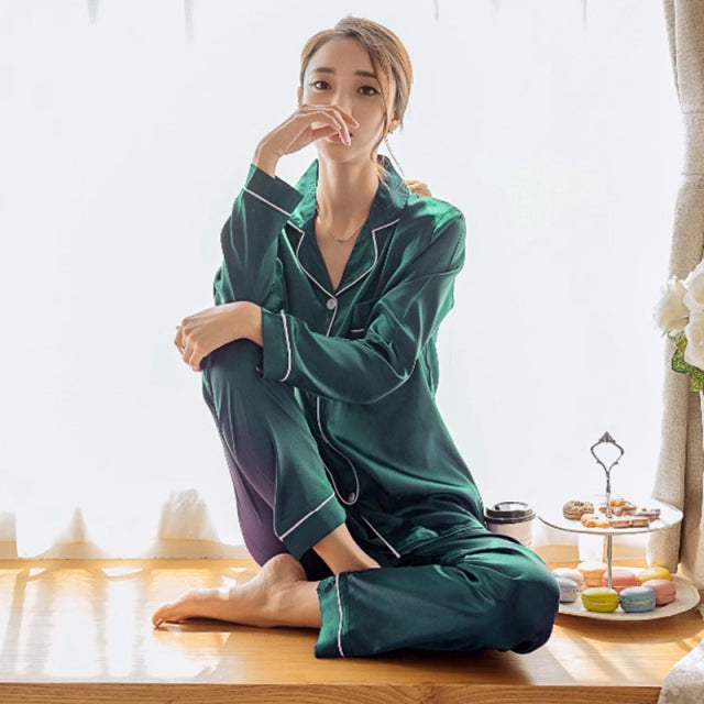 Conjunto de pijama de satén de seda para mujer, ropa de dormir, pijama, conjunto de dos piezas para mujer