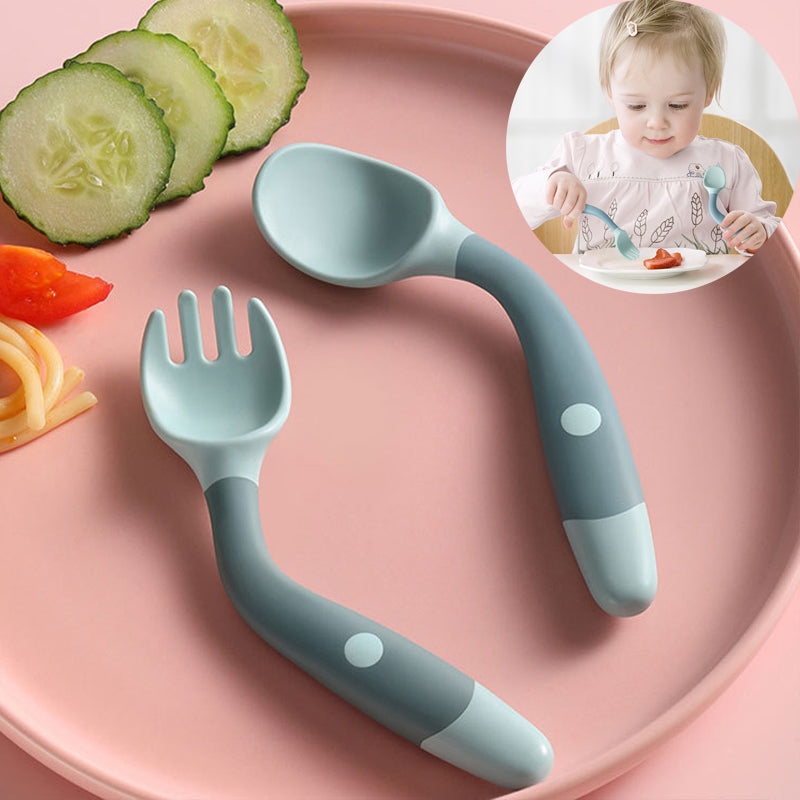 Juego de 2 uds de cuchara y tenedor de silicona para utensilios de bebé, comida auxiliar para niños pequeños, aprender a comer, entrenamiento, tenedor suave flexible, vajilla infantil