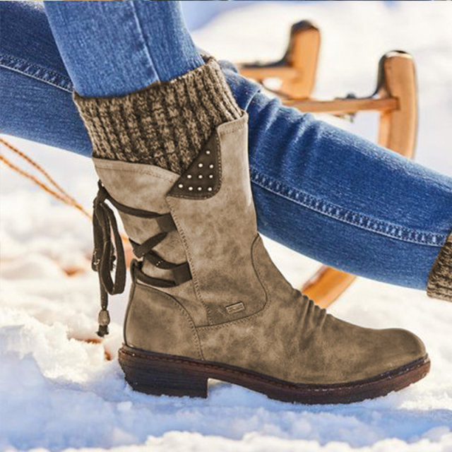 Botas de invierno a media pantorrilla para Mujer, Zapatos de invierno aterciopelados, Botas de nieve a la moda para Mujer, Zapatos hasta el muslo, Botas cálidas de gamuza, Zapatos De Mujer