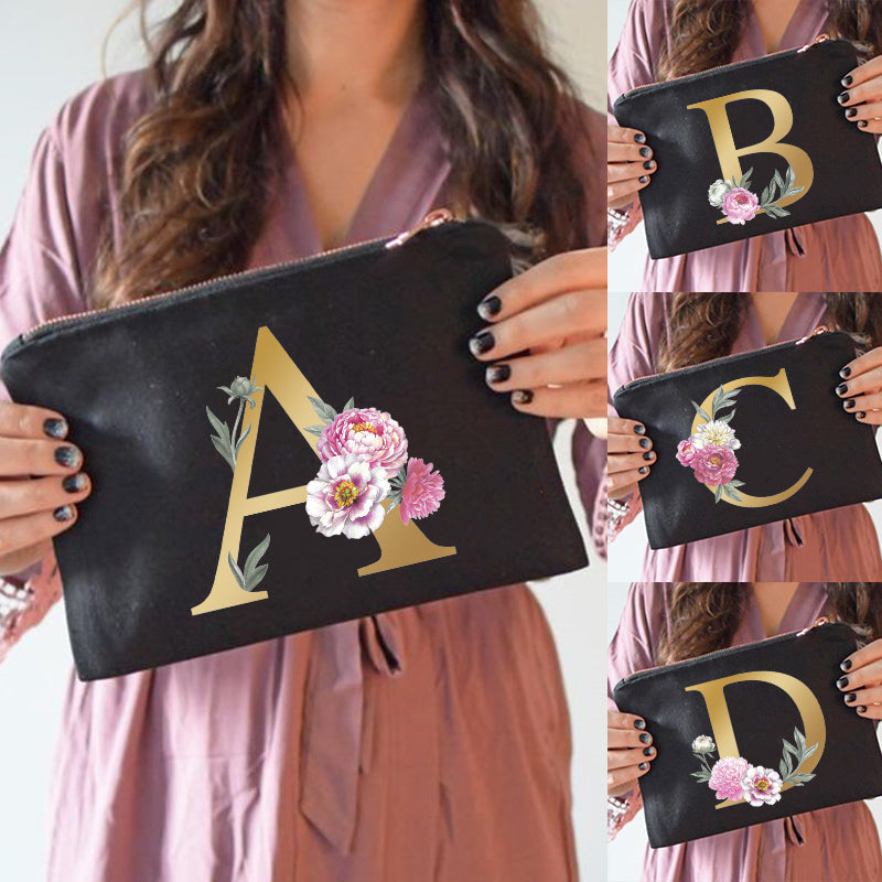 Bridesmaid Makeup Bags Floral Alphabet Print Cosmetic Case Bridal Party Make Up Pouch Necessaries Lady Tote Purse Wedding Gifts