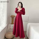 Long Sleeve Dress Women Holiday Elegant Ankle-length Female Square Collar Simple Trendy Korean Style Leisure Streetwear Slim Ins