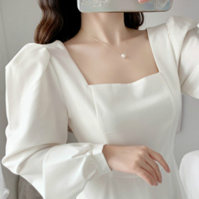 Long Sleeve Dress Women Holiday Elegant Ankle-length Female Square Collar Simple Trendy Korean Style Leisure Streetwear Slim Ins