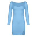 IAMSURE vestido básico de punto dividido Otoño Invierno Sexy Delgado cuello cuadrado manga larga Mini vestidos para mujeres 2021 moda elegante