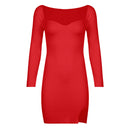 IAMSURE vestido básico de punto dividido Otoño Invierno Sexy Delgado cuello cuadrado manga larga Mini vestidos para mujeres 2021 moda elegante