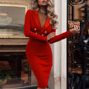 Sexy Deep V-neck Long Sleeve Slim Dress Women Fall Fashion Solid Double Breasted Elegant Office Ladies Dress Party Dresses Robe