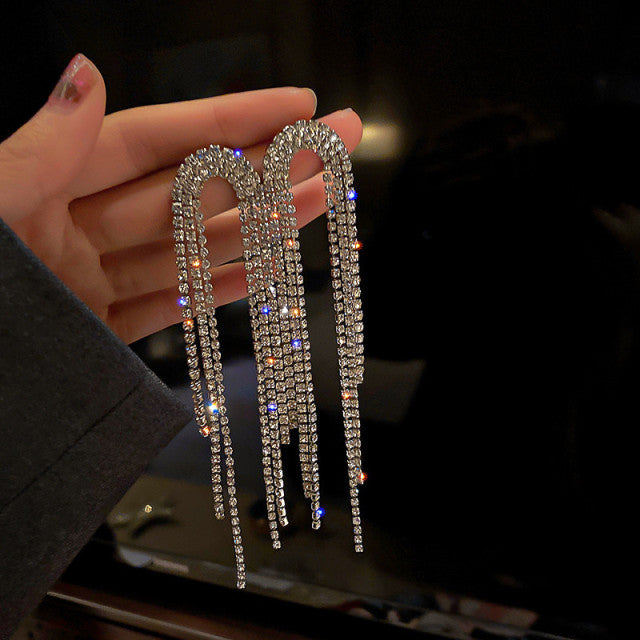 FYUAN Fashion Long Tassel Crystal Drop Earrings for Women Geometric Full Rhinestone Earrings Statement Jewelry Gifts
