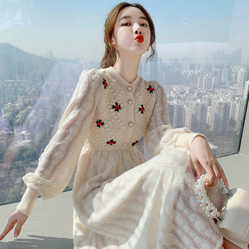 Suéter de punto Maxi vestidos para mujer estilo coreano Delgado bordado lana manga larga mujer vestido fiesta 2021 Otoño Invierno