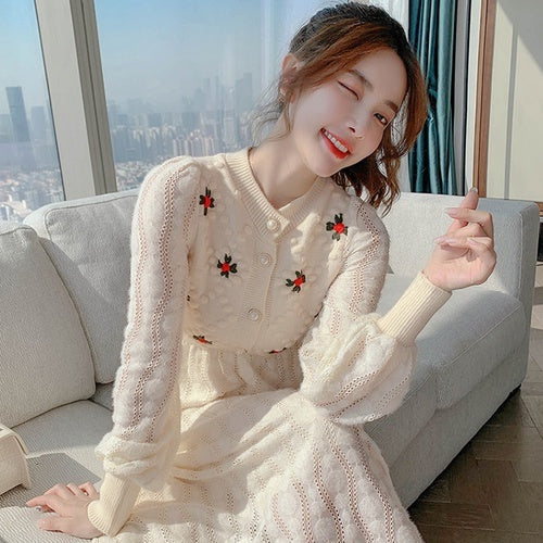 Knitting Sweater Maxi Dresses for Women Female Korea Style Slim Embroidery Wool Long Sleeve Woman Dress Party 2021 Autumn Winter
