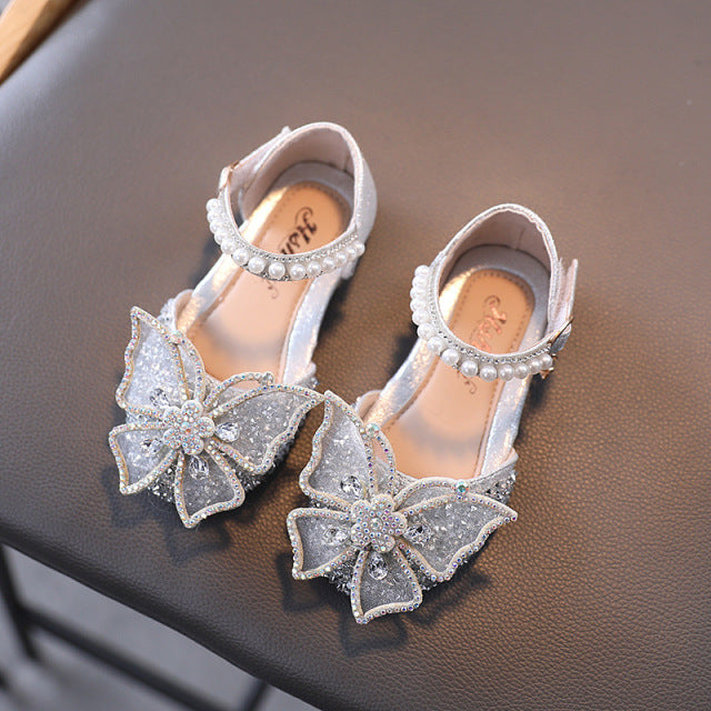 Sandalias de verano para niñas, zapatos de princesa con lazo de diamantes de imitación y lentejuelas a la moda, zapatos para niñas, Sandalias de tacón plano, talla 21-35 SHS104