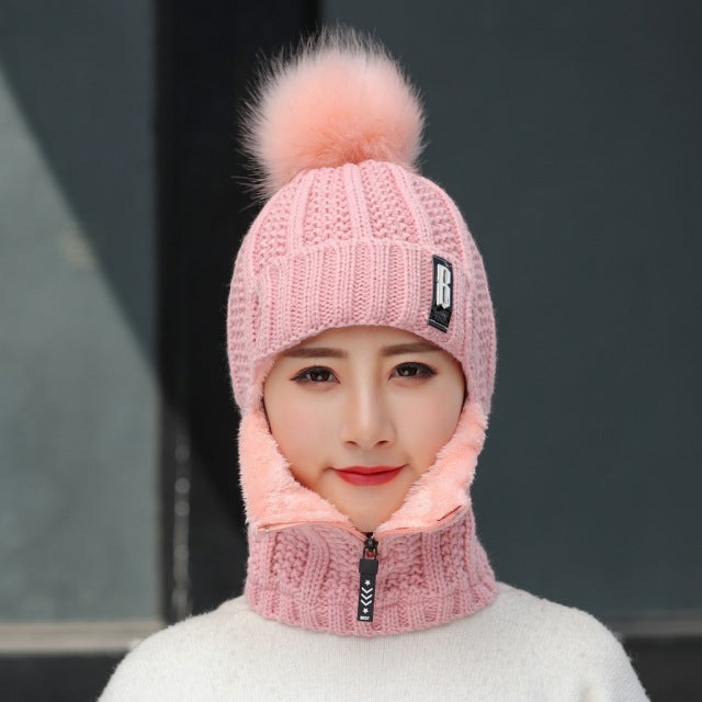 Coral Fleece Winter Women Knitted Hats Add Fur Warm Winter Hats For Women With Zipper Keep Face Warmer Balaclava Pompoms Cap