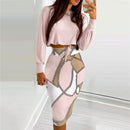 Elegant Dress Suit for Women Fashion 2021 Party Skirt Set Silm Fit Long Sleeve Print Drawstring Shirred Dress Mujer Robe Femme