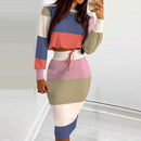 Elegant Dress Suit for Women Fashion 2021 Party Skirt Set Silm Fit Long Sleeve Print Drawstring Shirred Dress Mujer Robe Femme