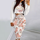 Elegant Dress Suit for Women Fashion 2021 Party Skirt Set Silm Fit Long Sleeve Print Drawstring Shirred Dress Mujer Robe Femme