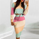 Elegant Dress Suit for Women Fashion 2021 Party Skirt Set Silm Fit Long Sleeve Print Drawstring Shirred Dress Mujer Robe Femme