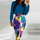 Elegant Dress Suit for Women Fashion 2021 Party Skirt Set Silm Fit Long Sleeve Print Drawstring Shirred Dress Mujer Robe Femme