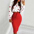 Elegant Dress Suit for Women Fashion 2021 Party Skirt Set Silm Fit Long Sleeve Print Drawstring Shirred Dress Mujer Robe Femme