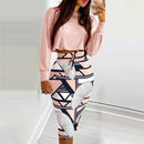 Elegant Dress Suit for Women Fashion 2021 Party Skirt Set Silm Fit Long Sleeve Print Drawstring Shirred Dress Mujer Robe Femme