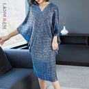 LANMREM 2022 High Quality New Fashion V Collar Pleats Batwing Sleeve Loose Dress For Women Print Clothing Vestido YE853