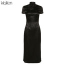 KLALIEN Black Monochrome Printing Satin Traditional Chinese Dresses Long Qipao Dress Sexy Split Tang Costume Banquet Qipao Woman