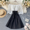 2022 Sexy Off Shoulder patchwork Summer Short Dress Party flower chiffon Slim waist lace up Women casual A-Line beach dress