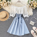 2022 Sexy Off Shoulder patchwork Summer Short Dress Party flower chiffon Slim waist lace up Women casual A-Line beach dress